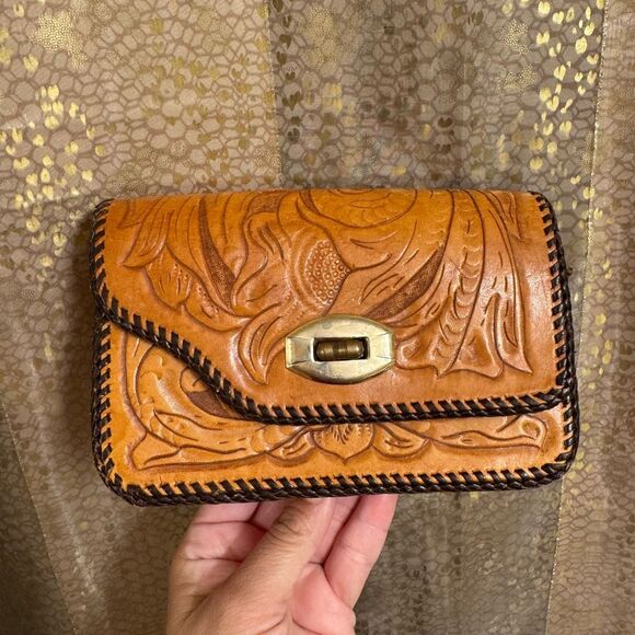 Vintage Brown Boho Hand Tooled Leather Mini Satchel Purse Without A Strap - Picture 1 of 7